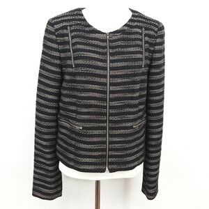 Halogen Full Zip Blazer Black Tan Stripe Size Medium Zip Pockets Lined 90s Y2K